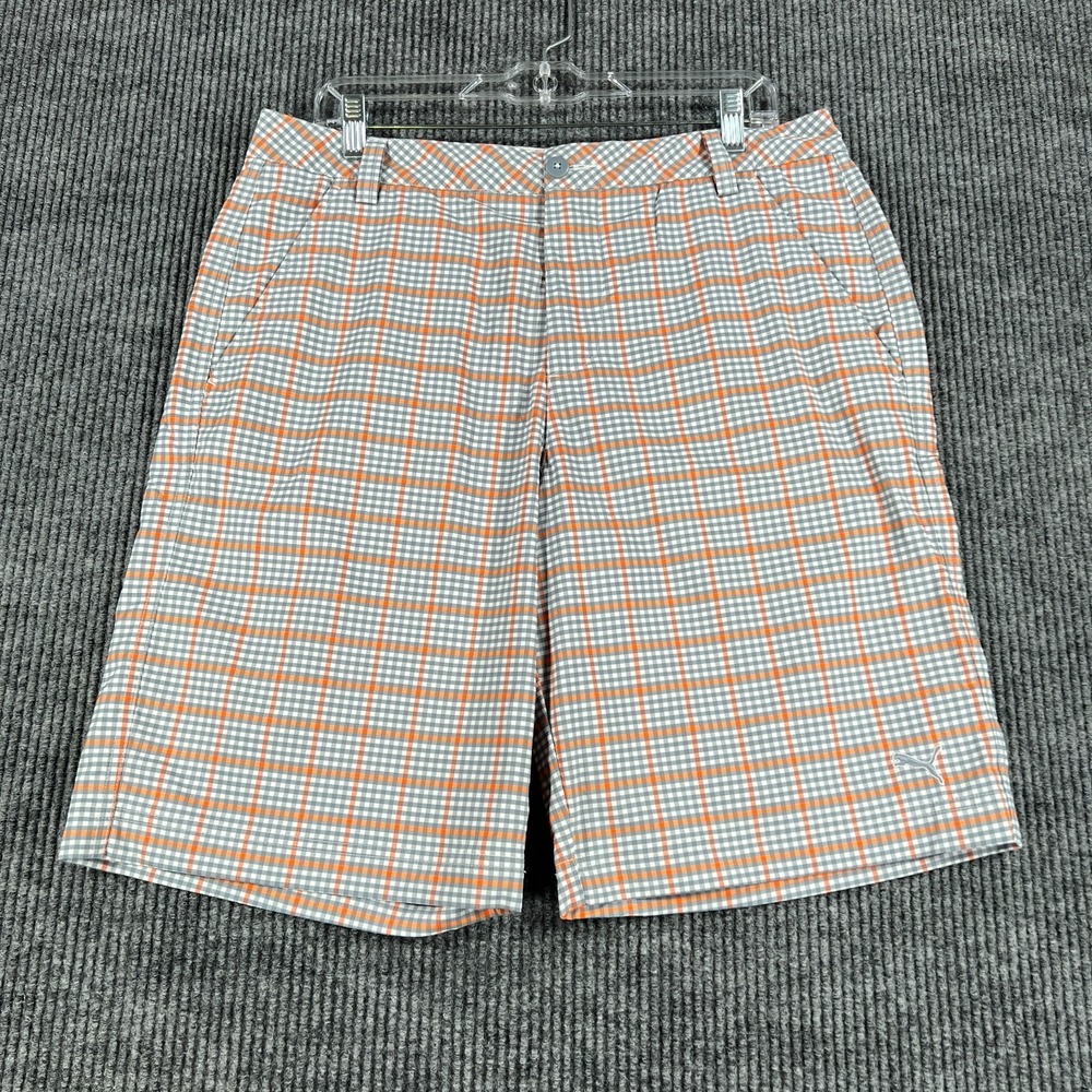 PUMA Shorts Mens 34 Gray Orange Plaid Chino Golf Performance Casual Outdoor